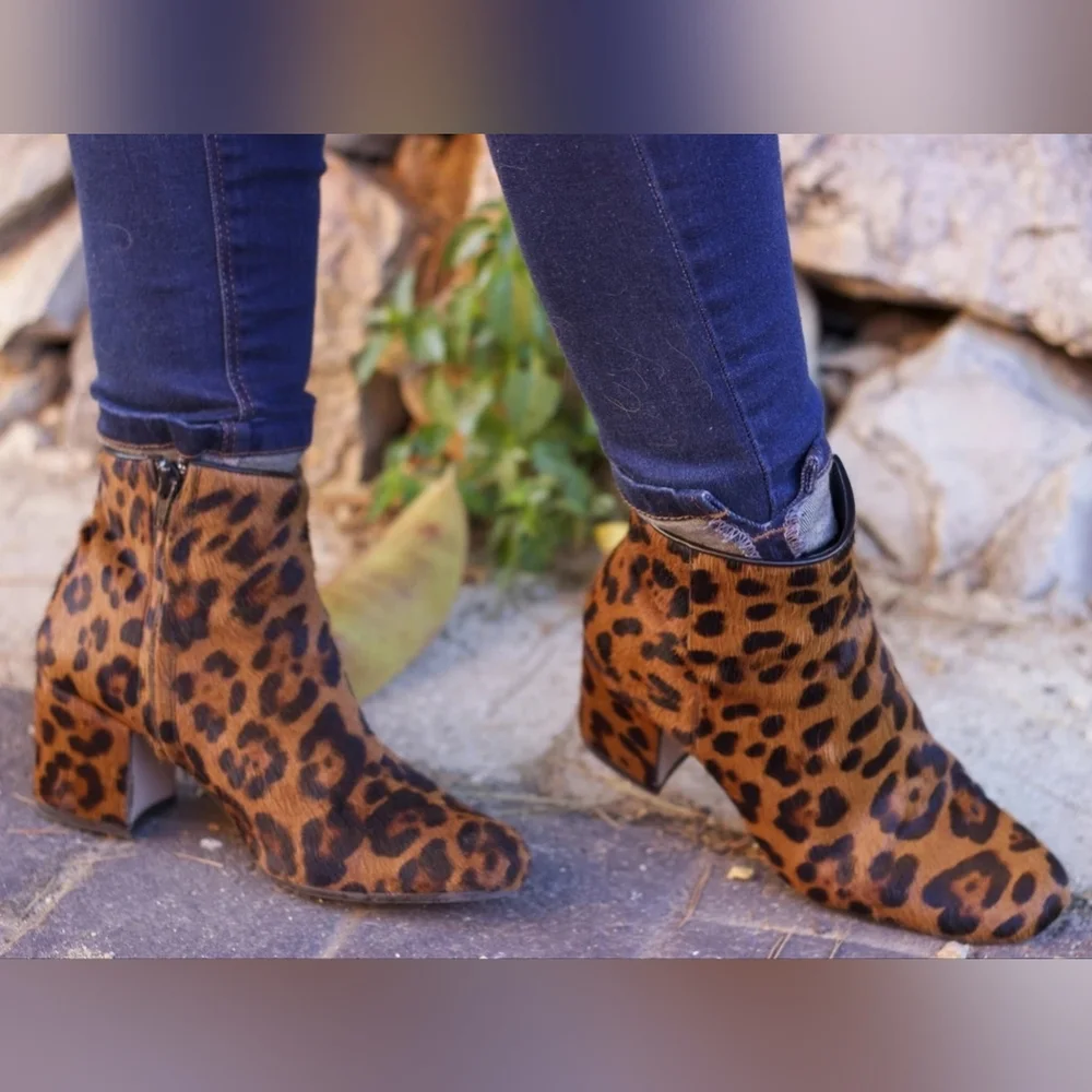 Zara Leopard Print Calf Hair Heeled Ankle Boots